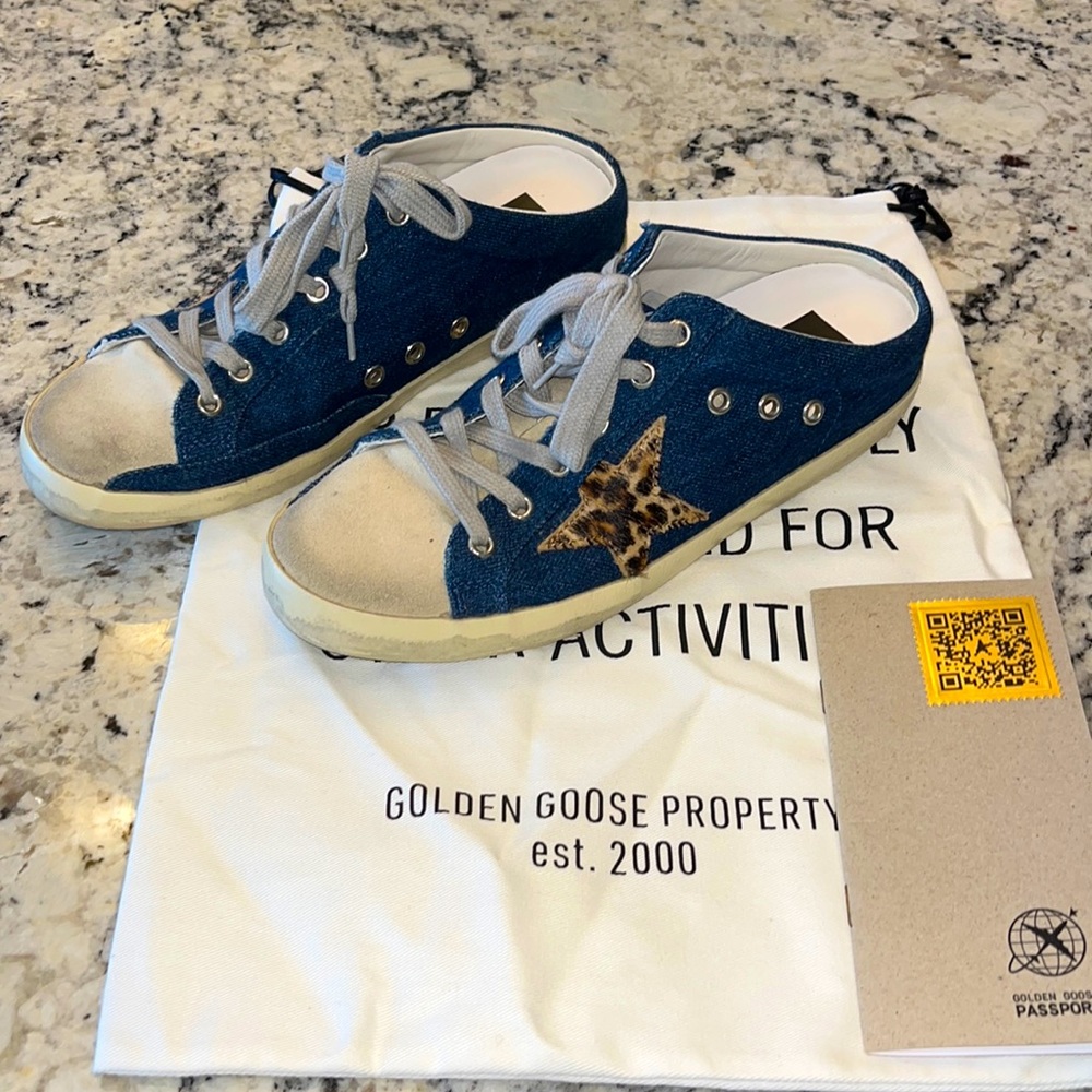 Authentic, private edition, denim Golden Goose Super-Star Sabots in size 38.